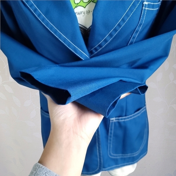Vintage 70s Koratron Contrast Stitch Blazer Chore Jacket Koret Cerulean Blue Sm - Picture 7 of 16